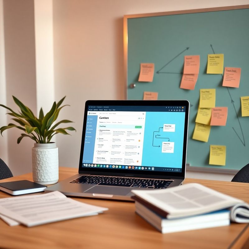 Content pipeline dokumenty a workflow diagram na teal-modern pracovišti